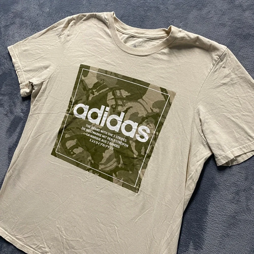 Adidas Amplifier Tee Mens Large Tan Camo Box Logo Graphic T-Shirt